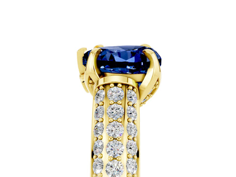 Yellow gold Heart Cut Blue Sapphire Solitaire Ring with Three-Row Pavé Band and Four-Prong Setting_17