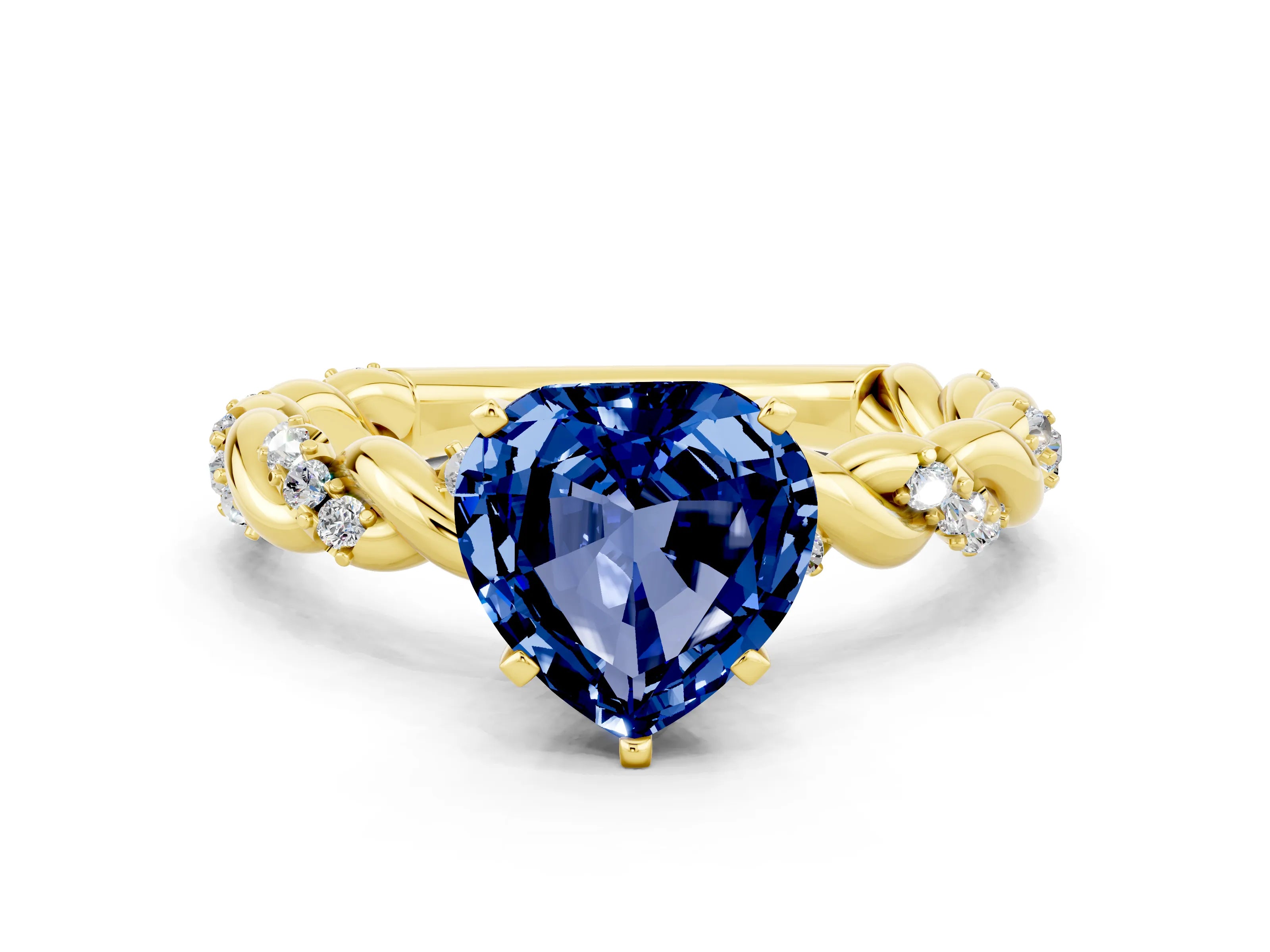 Yellow gold Heart Cut Blue Sapphire Solitaire Ring with Twisted Band and Pavé Accents