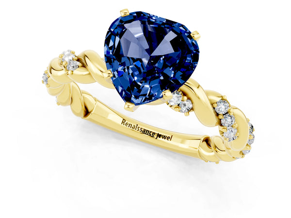 Yellow gold Heart Cut Blue Sapphire Solitaire Ring with Twisted Band and Pavé Accents