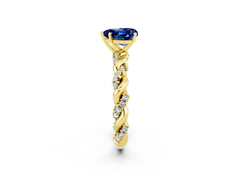 Yellow gold Heart Cut Blue Sapphire Solitaire Ring with Twisted Band and Pavé Accents_2