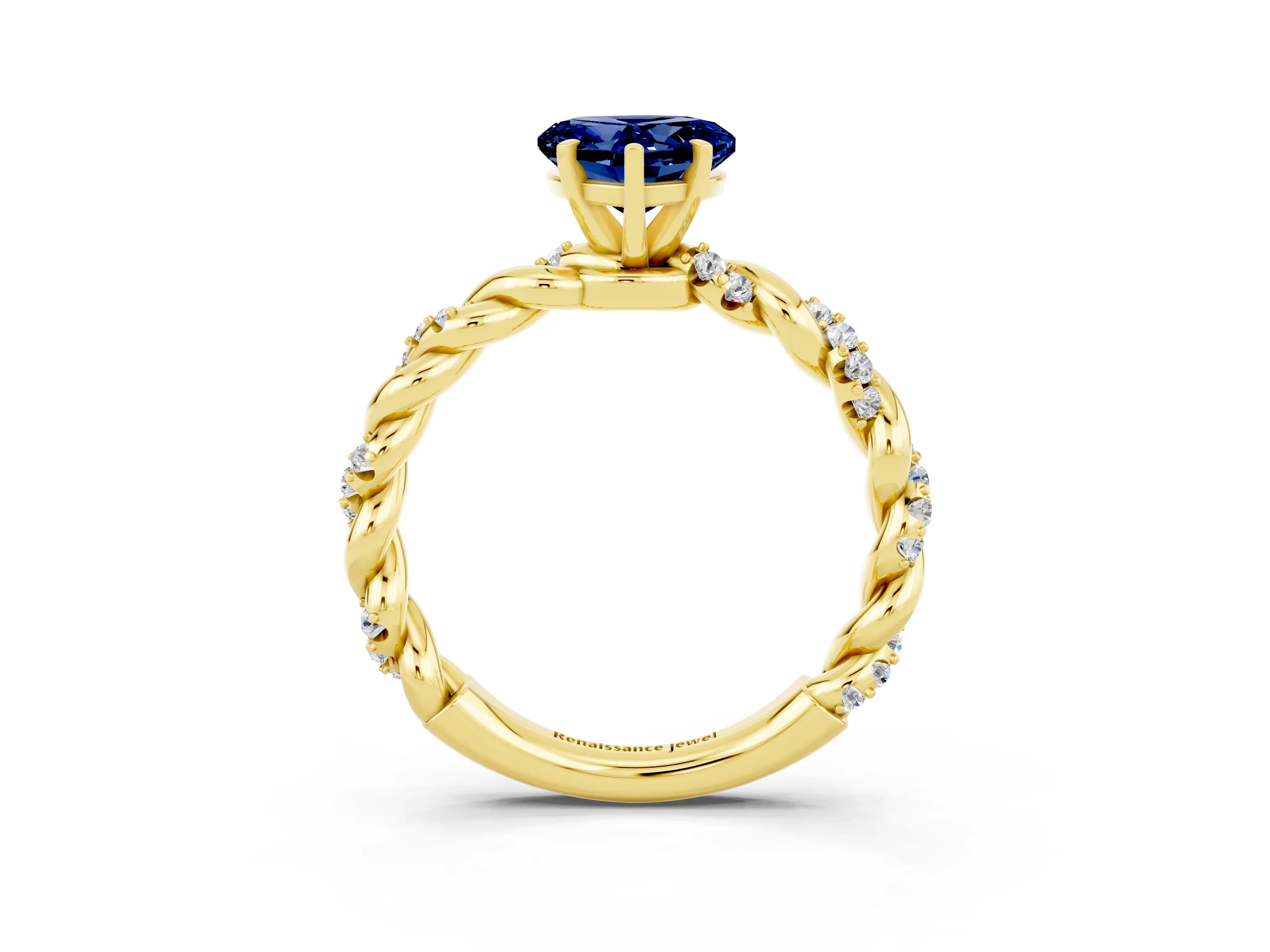 Yellow gold Heart Cut Blue Sapphire Solitaire Ring with Twisted Band and Pavé Accents_3