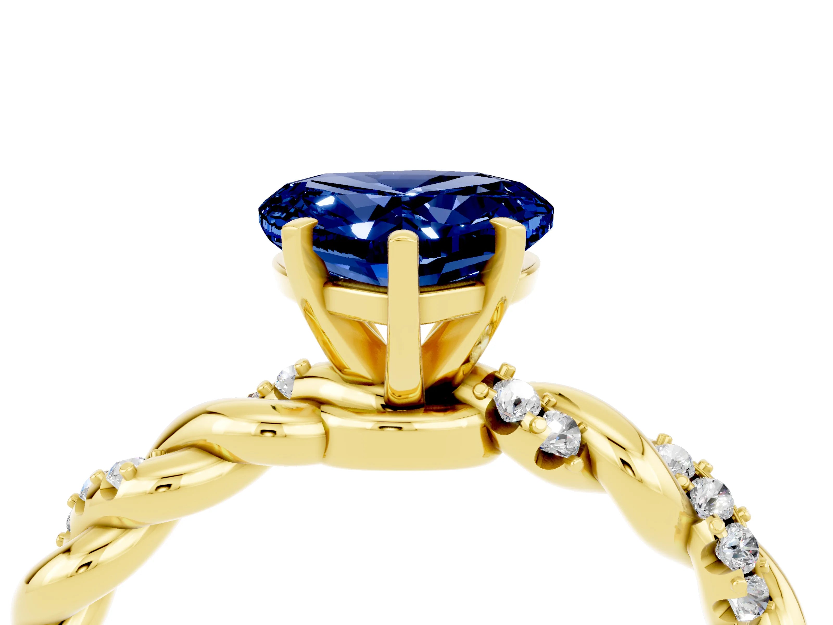 Yellow gold Heart Cut Blue Sapphire Solitaire Ring with Twisted Band and Pavé Accents_4