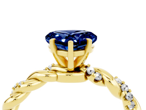 Yellow gold Heart Cut Blue Sapphire Solitaire Ring with Twisted Band and Pavé Accents_4