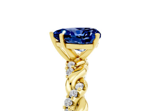 Yellow gold Heart Cut Blue Sapphire Solitaire Ring with Twisted Band and Pavé Accents_5