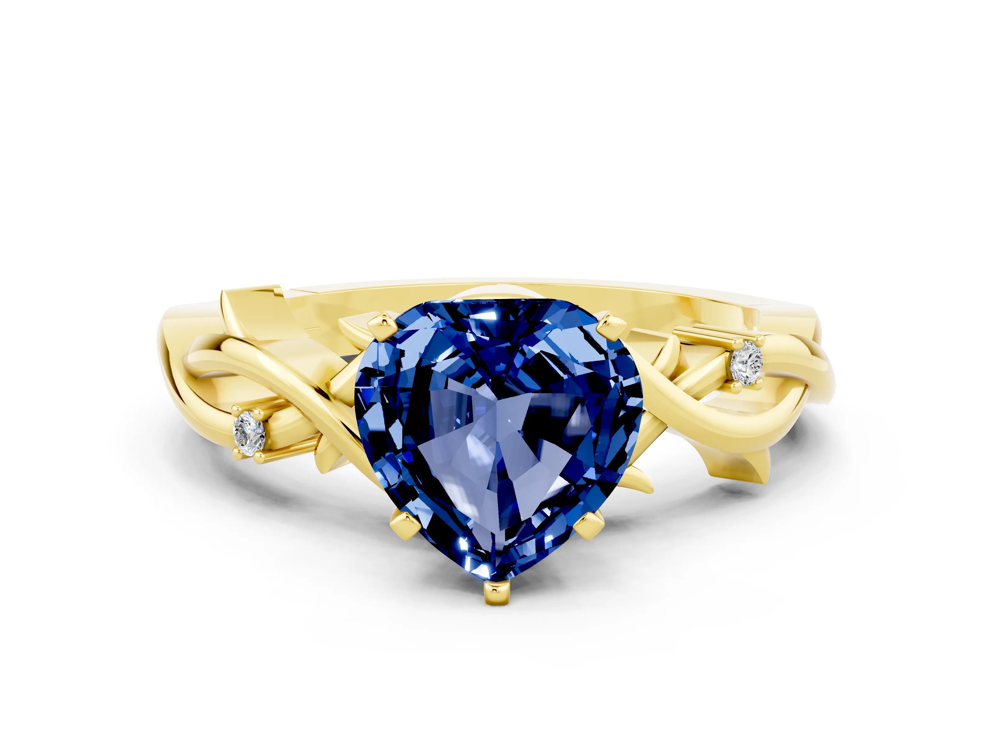 Yellow gold Heart Cut Blue Sapphire Solitaire Ring with Twisted Band and Prong Setting