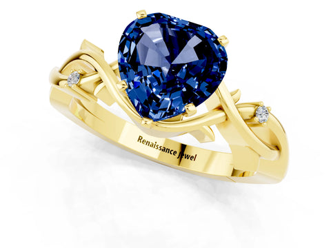 Yellow gold Heart Cut Blue Sapphire Solitaire Ring with Twisted Band and Prong Setting_1