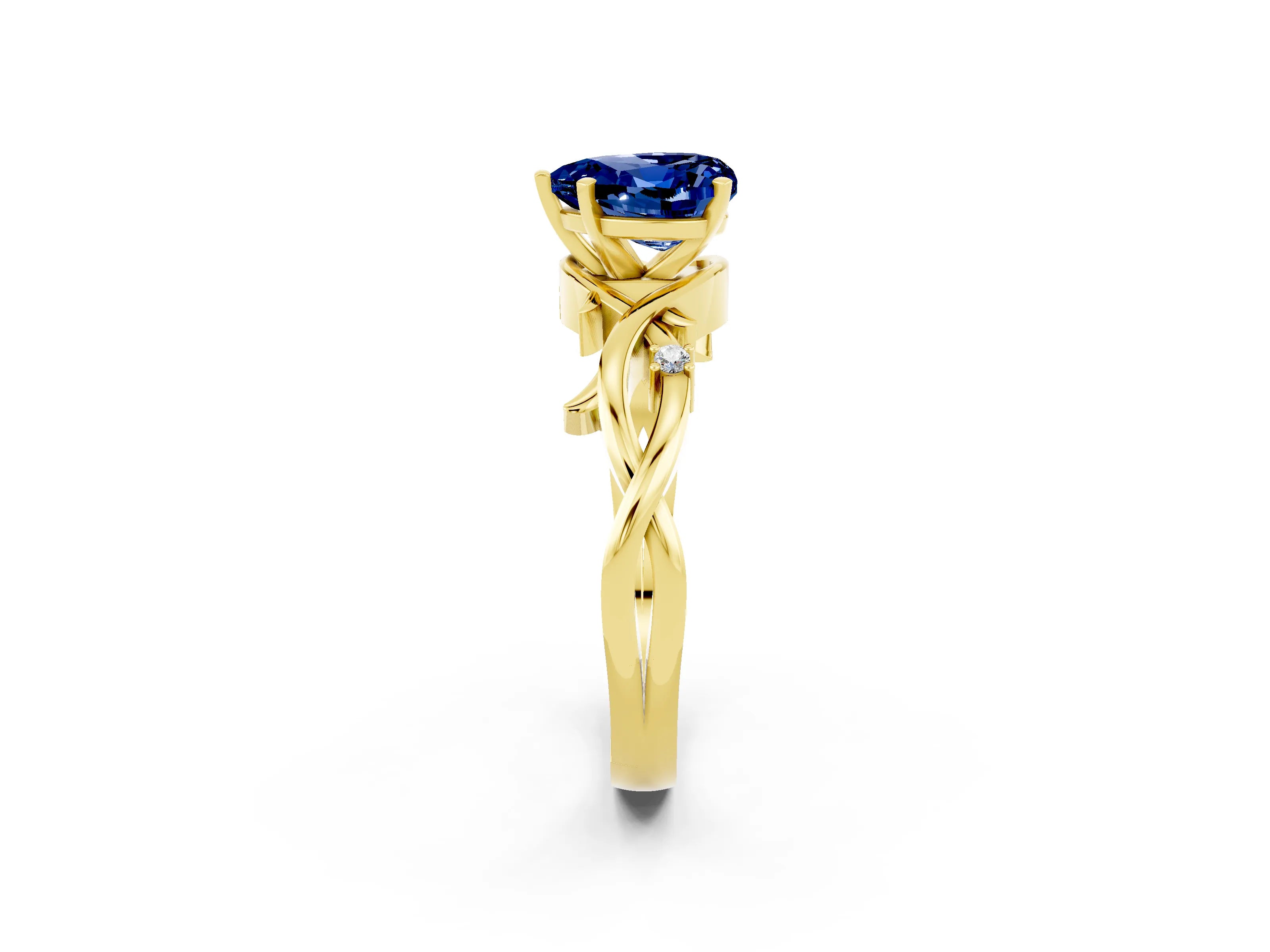 Yellow gold Heart Cut Blue Sapphire Solitaire Ring with Twisted Band and Prong Setting_2