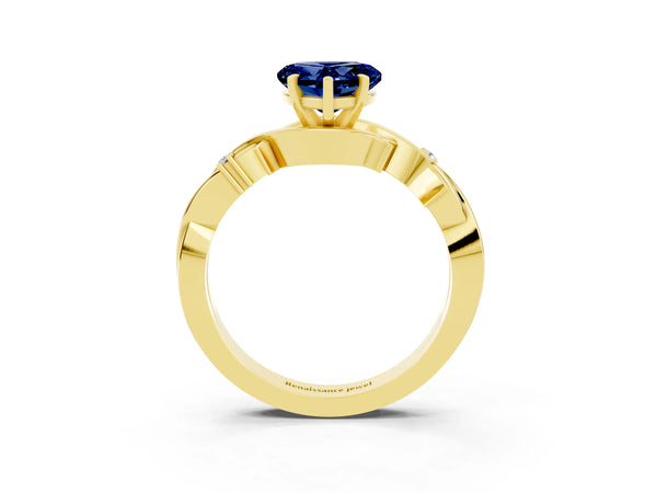 Yellow gold Heart Cut Blue Sapphire Solitaire Ring with Twisted Band and Prong Setting