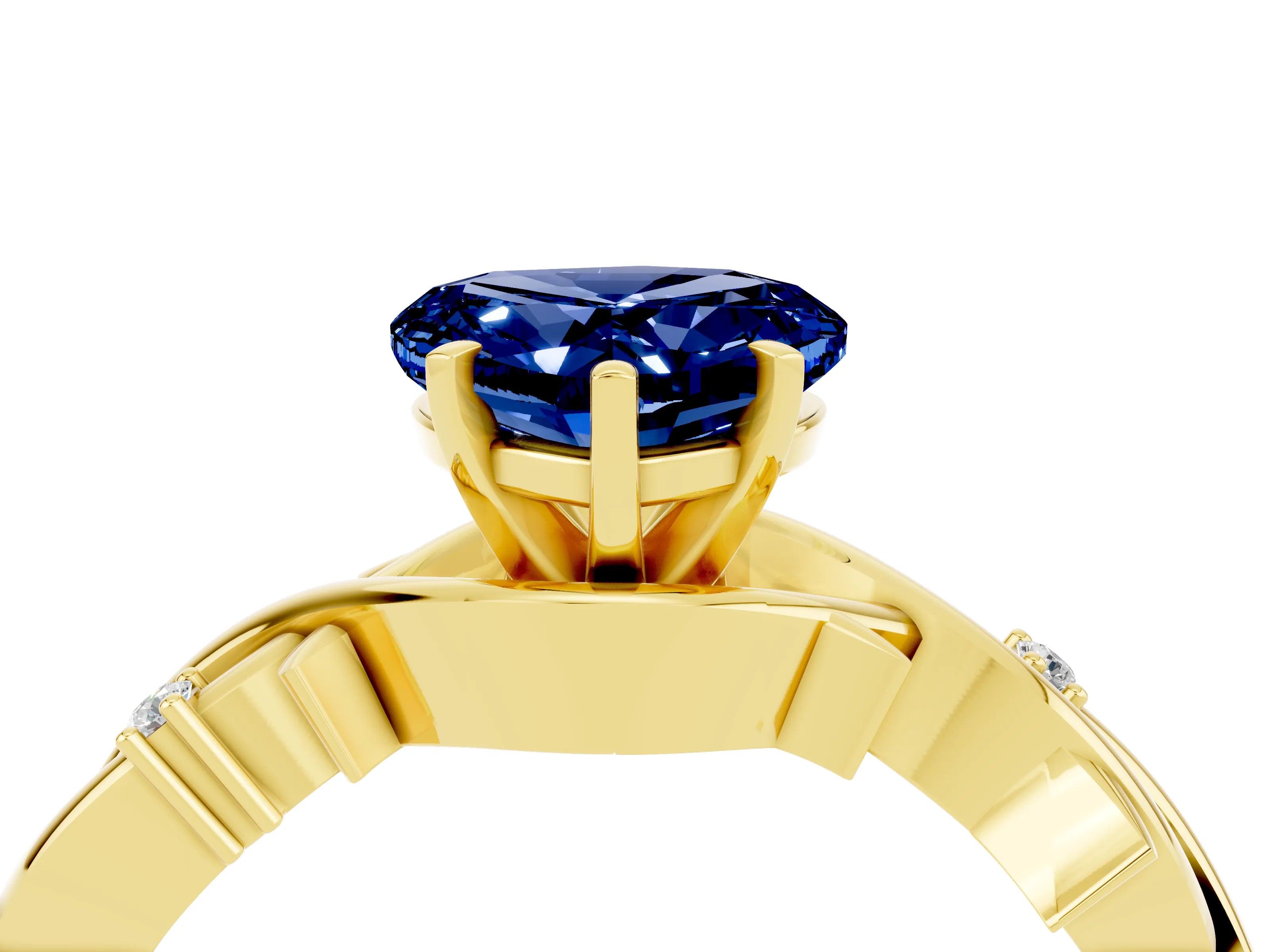 Yellow gold Heart Cut Blue Sapphire Solitaire Ring with Twisted Band and Prong Setting_4