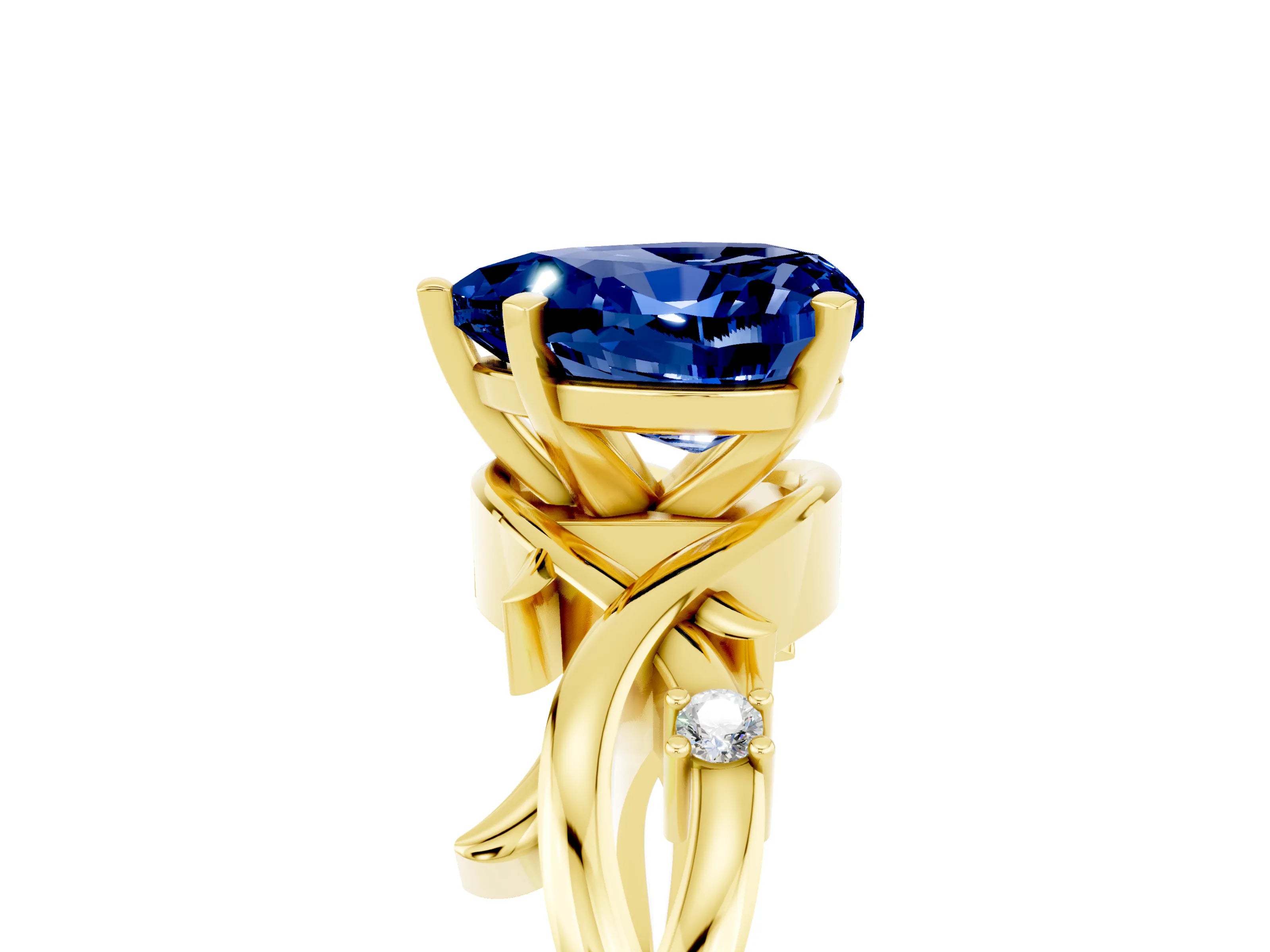 Yellow gold Heart Cut Blue Sapphire Solitaire Ring with Twisted Band and Prong Setting_5