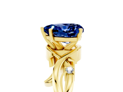 Yellow gold Heart Cut Blue Sapphire Solitaire Ring with Twisted Band and Prong Setting_5
