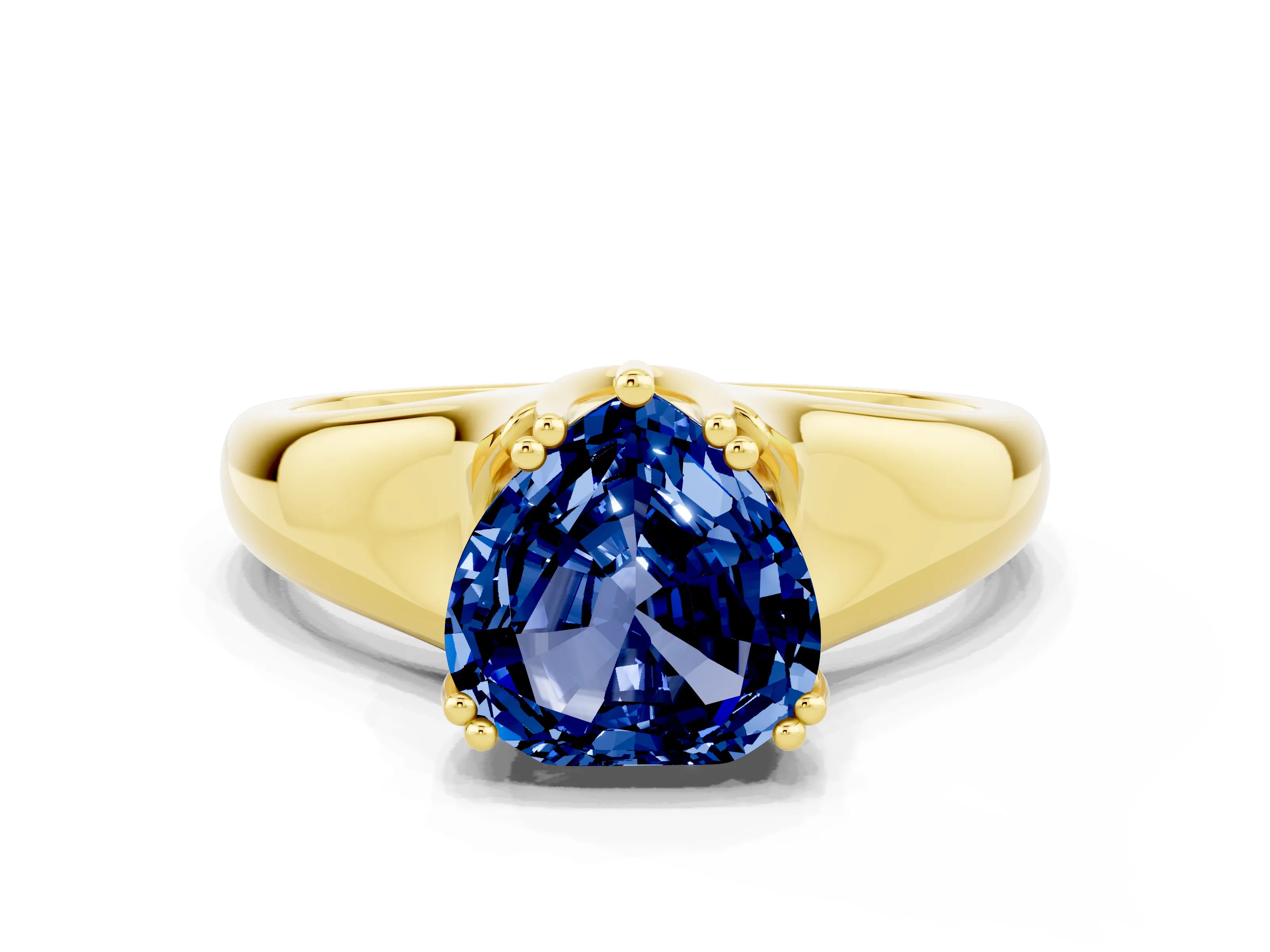 Yellow gold Heart Cut Blue Sapphire Solitaire Ring with Wide Band and Prong Setting