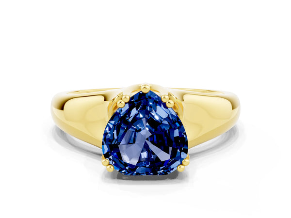 Yellow gold Heart Cut Blue Sapphire Solitaire Ring with Wide Band and Prong Setting