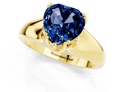 Yellow gold Heart Cut Blue Sapphire Solitaire Ring with Wide Band and Prong Setting_1