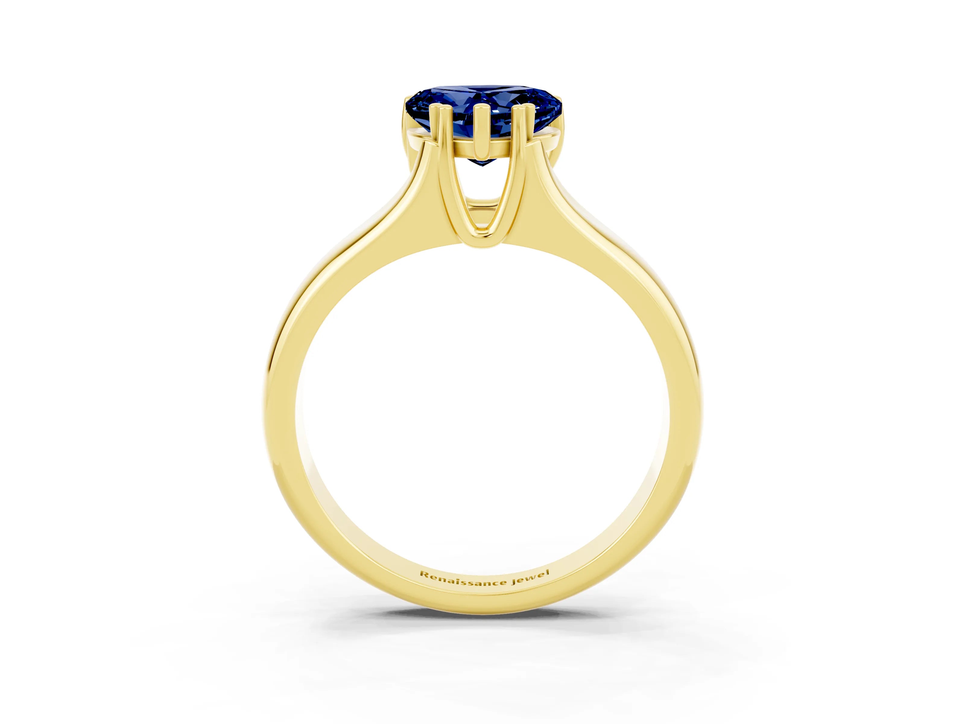 Yellow gold Heart Cut Blue Sapphire Solitaire Ring with Wide Band and Prong Setting_3