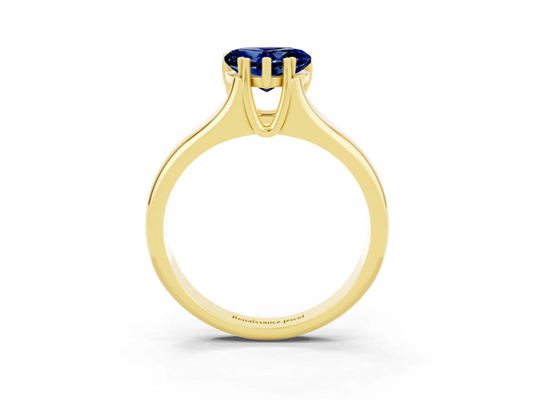 Yellow gold Heart Cut Blue Sapphire Solitaire Ring with Wide Band and Prong Setting