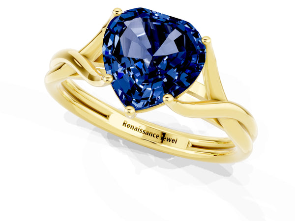 Yellow gold Heart Cut Blue Sapphire Solitaire Twist Band Prong Setting Ring