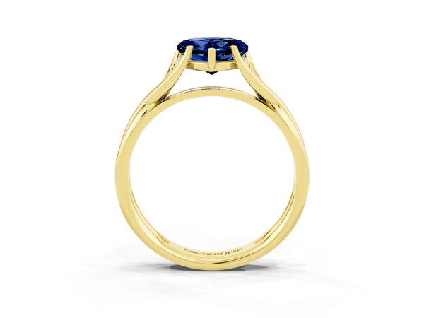 Yellow gold Heart Cut Blue Sapphire Solitaire Twist Band Prong Setting Ring