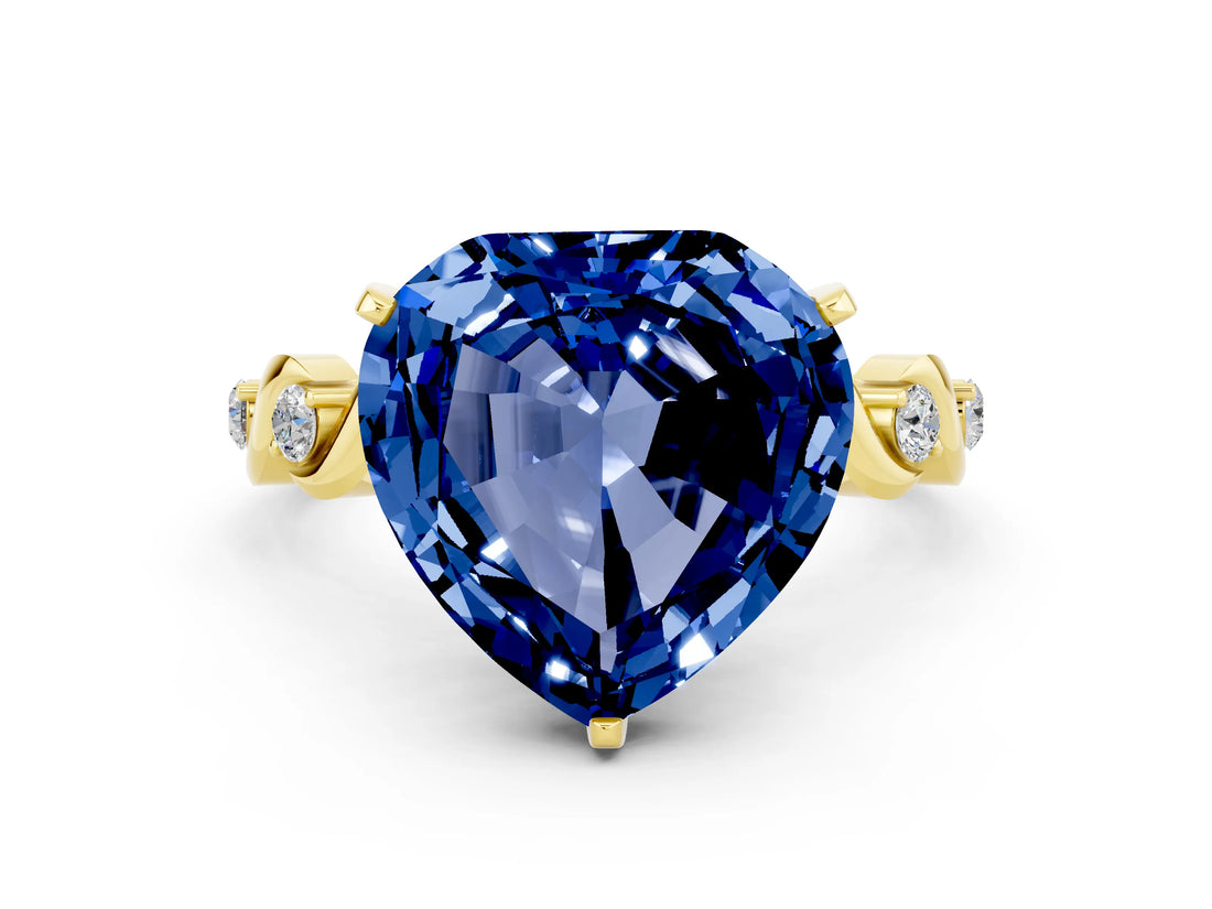 Yellow gold Heart Cut Blue Sapphire Solitaire Twisted Band with Round  Accents and Prong Setting_12
