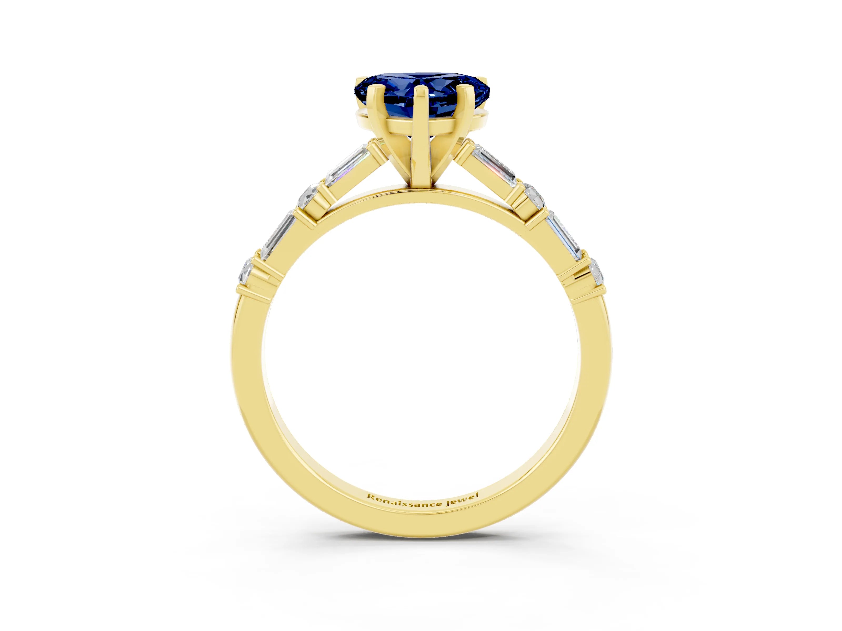 Yellow gold Heart Cut Blue Sapphire Solitaire with Side Baguettes and Channel Set Band_3