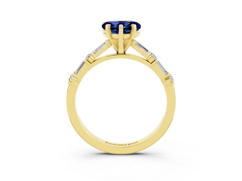 Yellow gold Heart Cut Blue Sapphire Solitaire with Side Baguettes and Channel Set Band_3