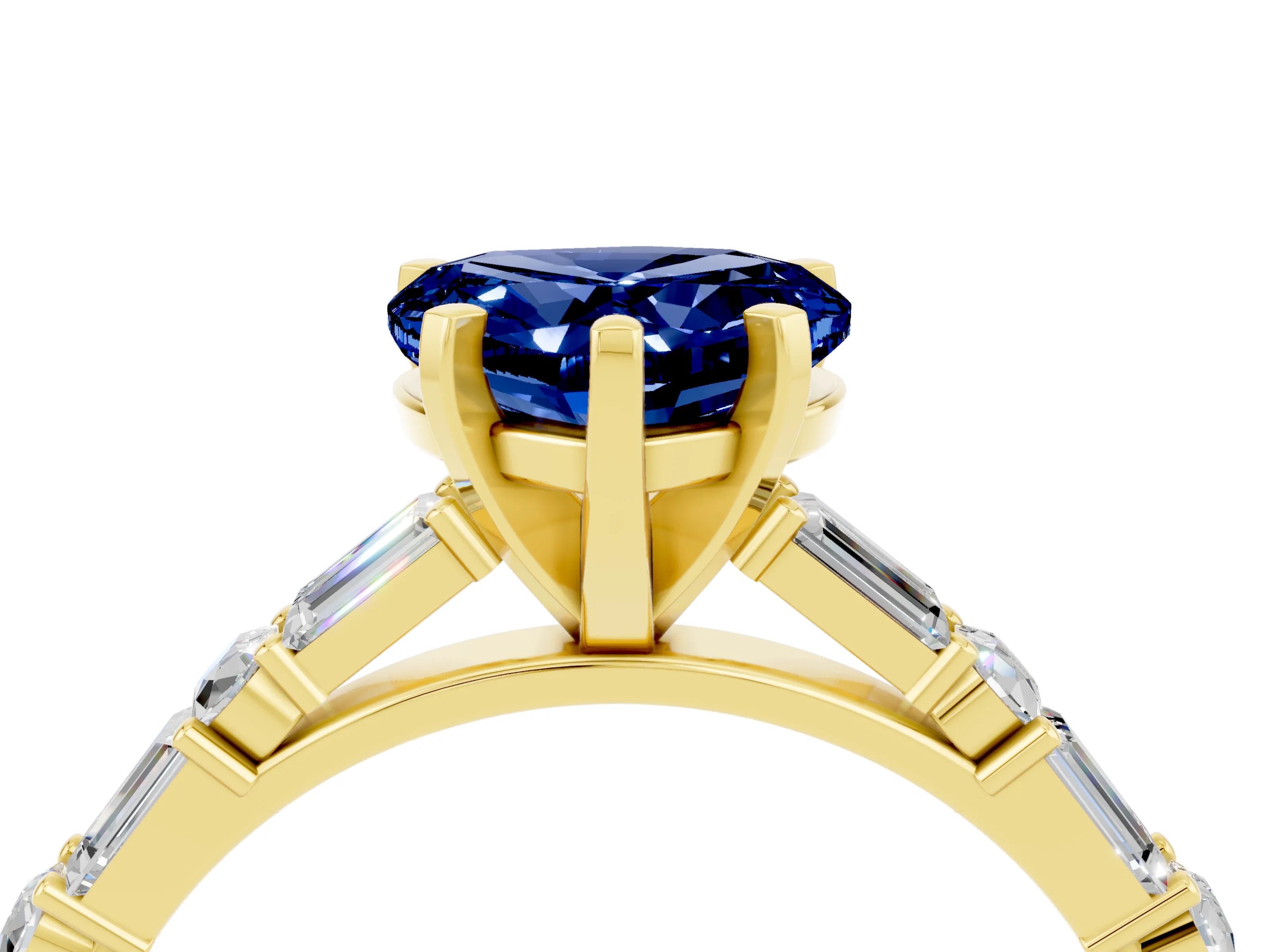 Yellow gold Heart Cut Blue Sapphire Solitaire with Side Baguettes and Channel Set Band_4
