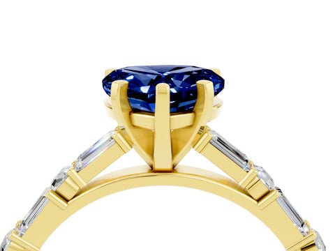 Yellow gold Heart Cut Blue Sapphire Solitaire with Side Baguettes and Channel Set Band_4