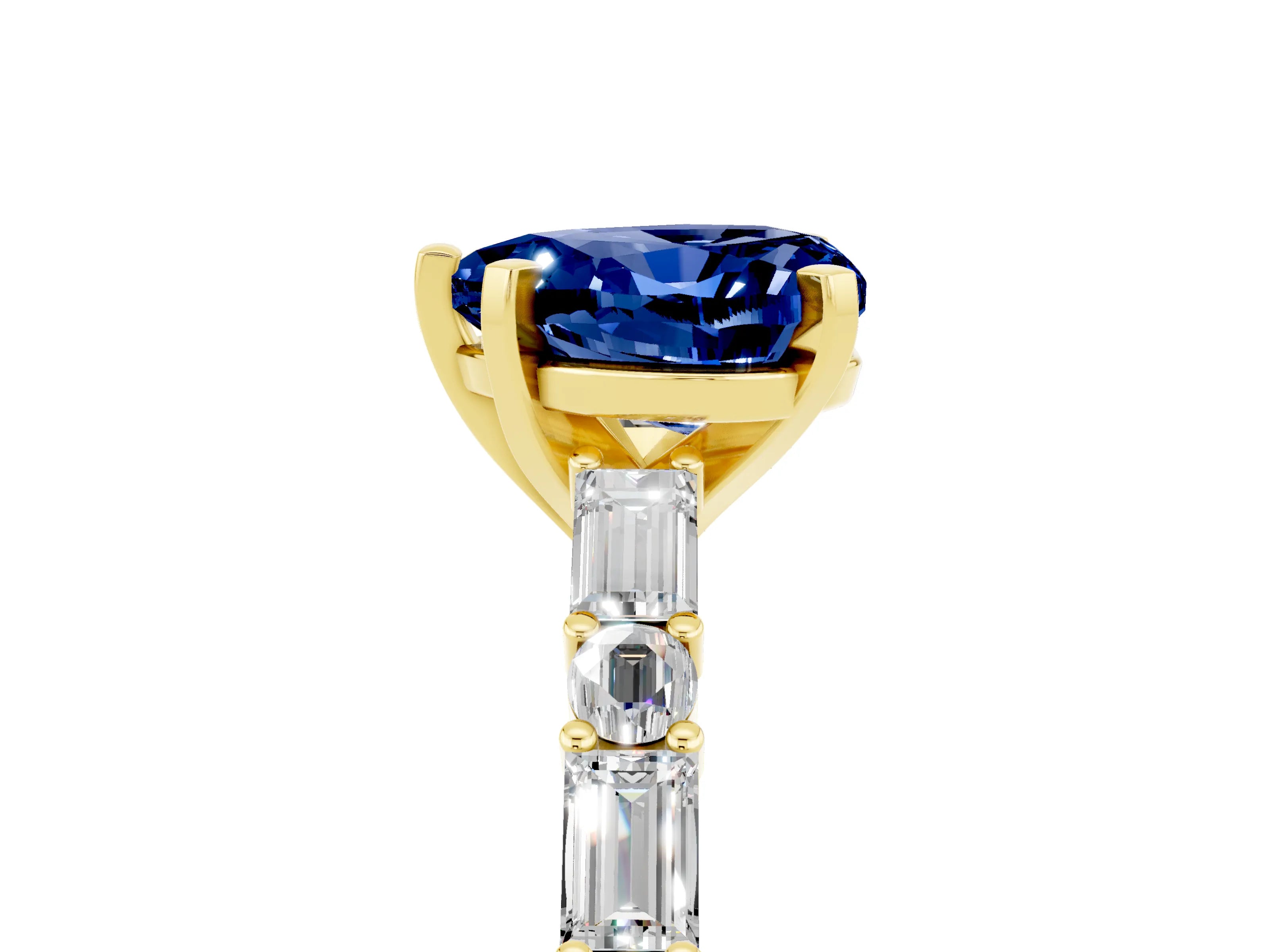 Yellow gold Heart Cut Blue Sapphire Solitaire with Side Baguettes and Channel Set Band_5