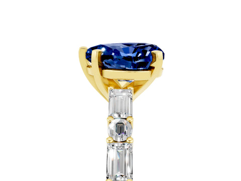 Yellow gold Heart Cut Blue Sapphire Solitaire with Side Baguettes and Channel Set Band_5