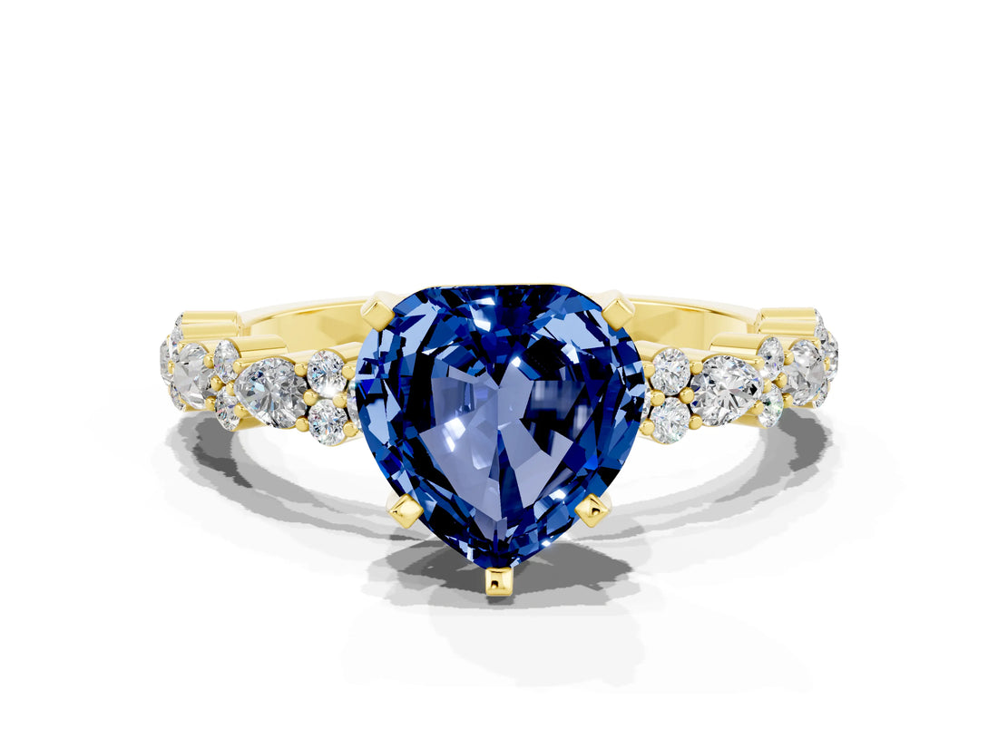 Yellow gold Heart Cut Blue Sapphire Solitaire with Side Stones, Pave Band, Four-Prong Setting_24