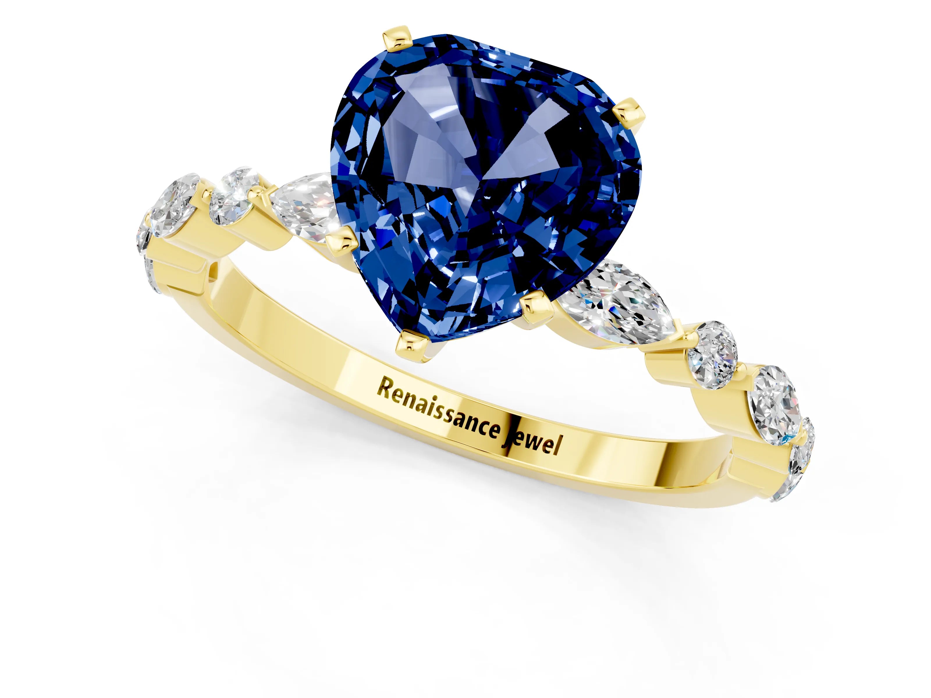 Yellow gold Heart Cut Blue Sapphire Solitaire with Side Stones on a Pavé Band and Four-Prong Setting_1