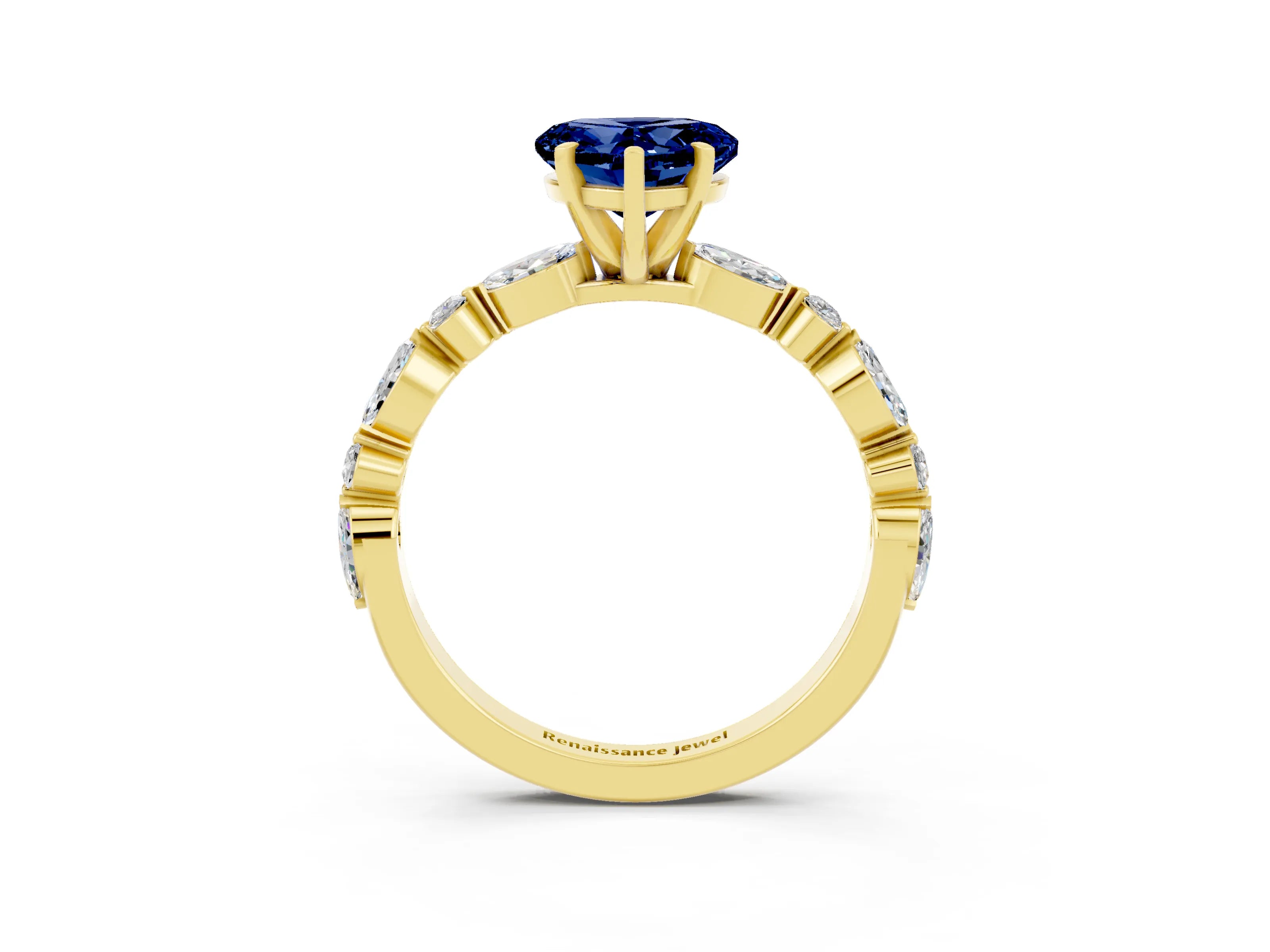 Yellow gold Heart Cut Blue Sapphire Solitaire with Side Stones on a Pavé Band and Four-Prong Setting_3