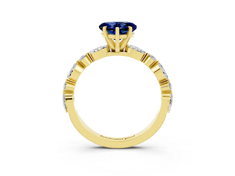 Yellow gold Heart Cut Blue Sapphire Solitaire with Side Stones on a Pavé Band and Four-Prong Setting_3