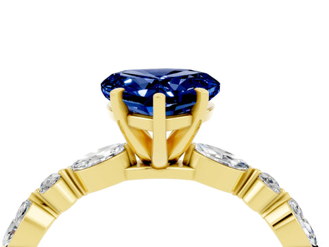 Yellow gold Heart Cut Blue Sapphire Solitaire with Side Stones on a Pavé Band and Four-Prong Setting_4