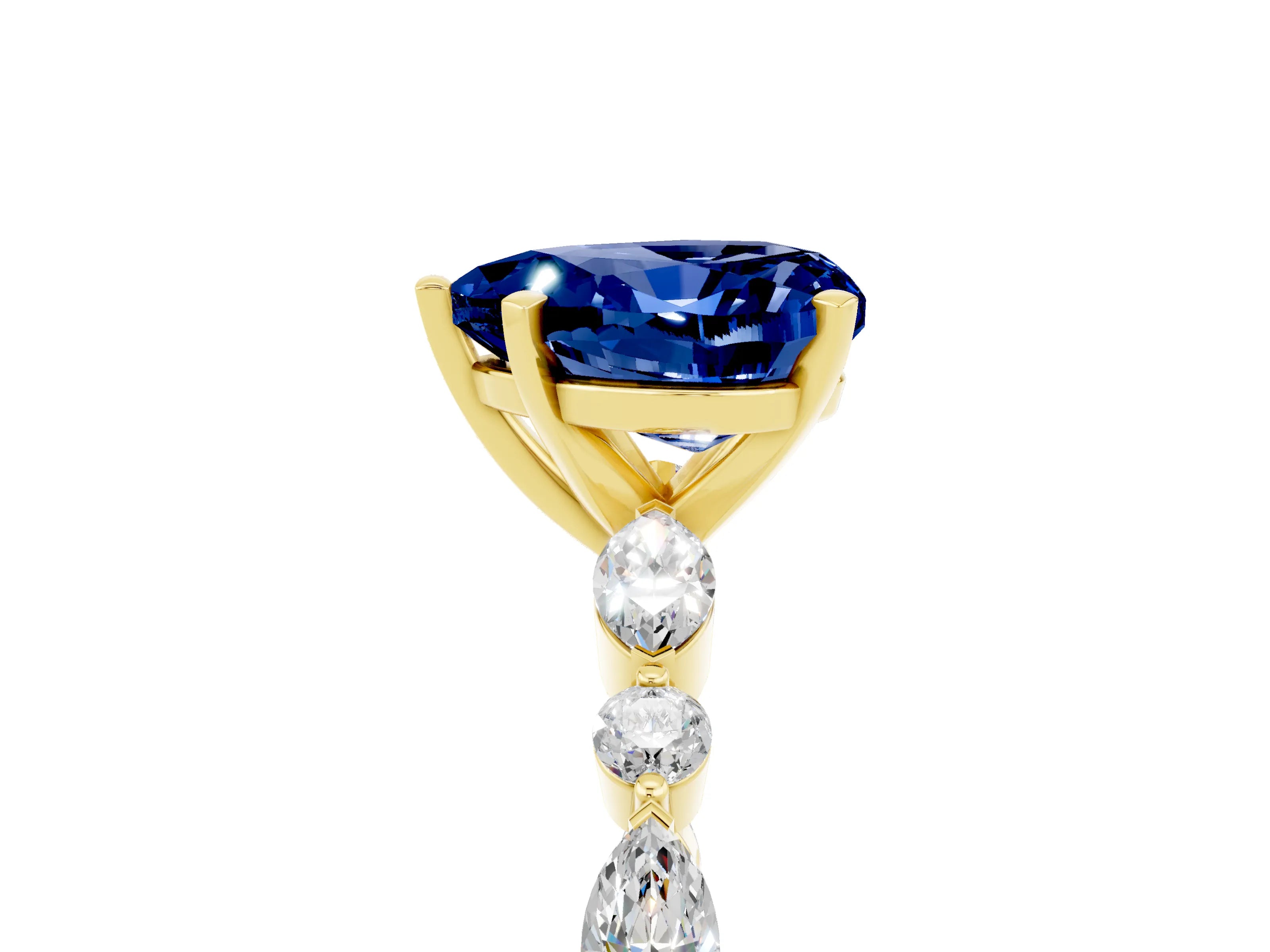 Yellow gold Heart Cut Blue Sapphire Solitaire with Side Stones on a Pavé Band and Four-Prong Setting_5