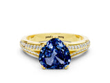 Yellow gold Heart Cut Blue Sapphire Split Shank Engagement Ring with Pavé Band