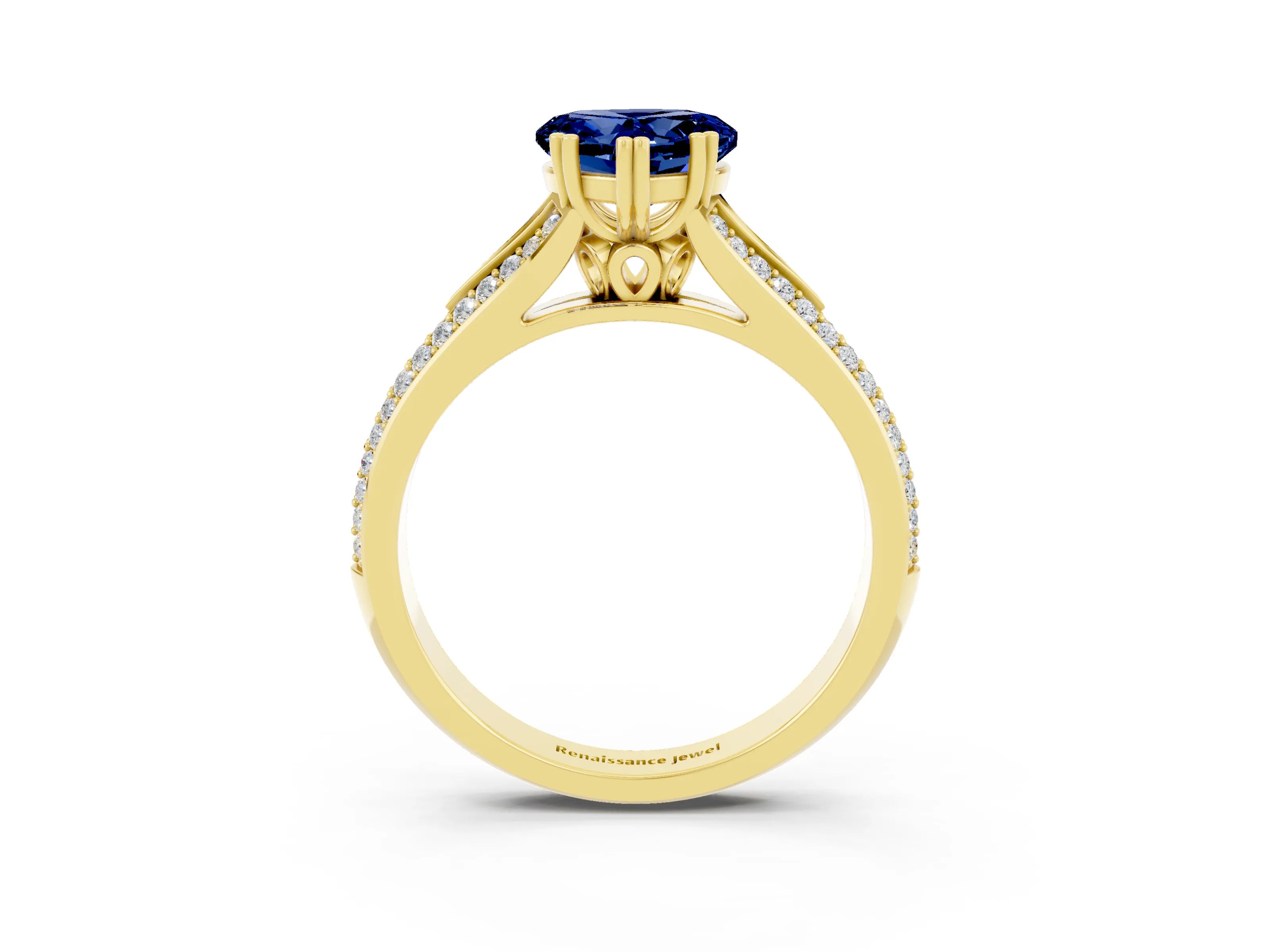 Yellow gold Heart Cut Blue Sapphire Split Shank Engagement Ring with Pavé Band_3
