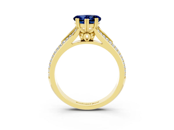Yellow gold Heart Cut Blue Sapphire Split Shank Engagement Ring with Pavé Band