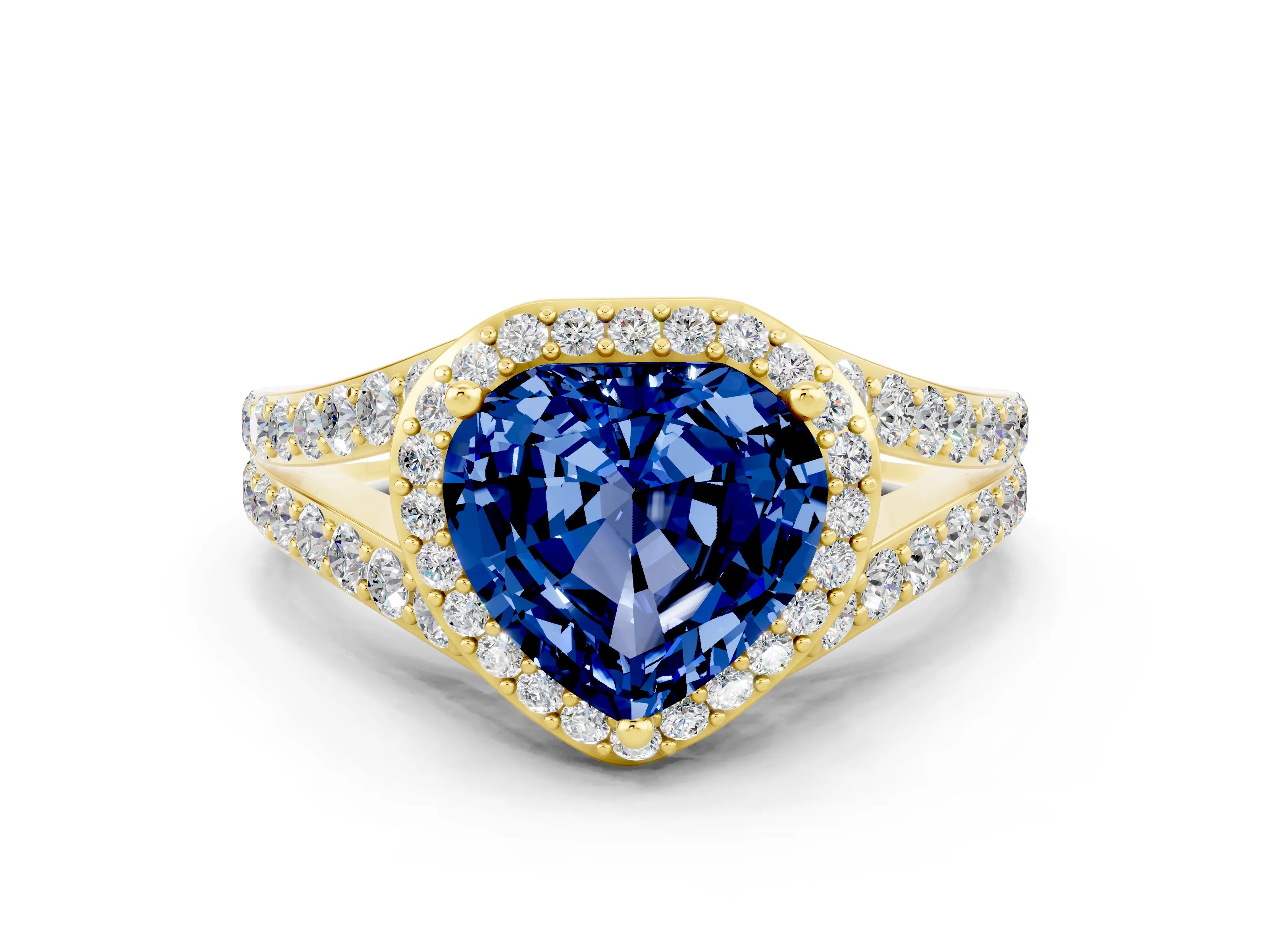Yellow gold Heart Cut Blue Sapphire Split Shank Halo Ring with Four-Prong Setting_12