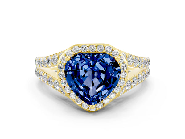 Yellow gold Heart Cut Blue Sapphire Split Shank Halo Ring with Four-Prong Setting