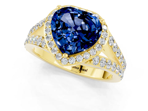Yellow gold Heart Cut Blue Sapphire Split Shank Halo Ring with Four-Prong Setting_13