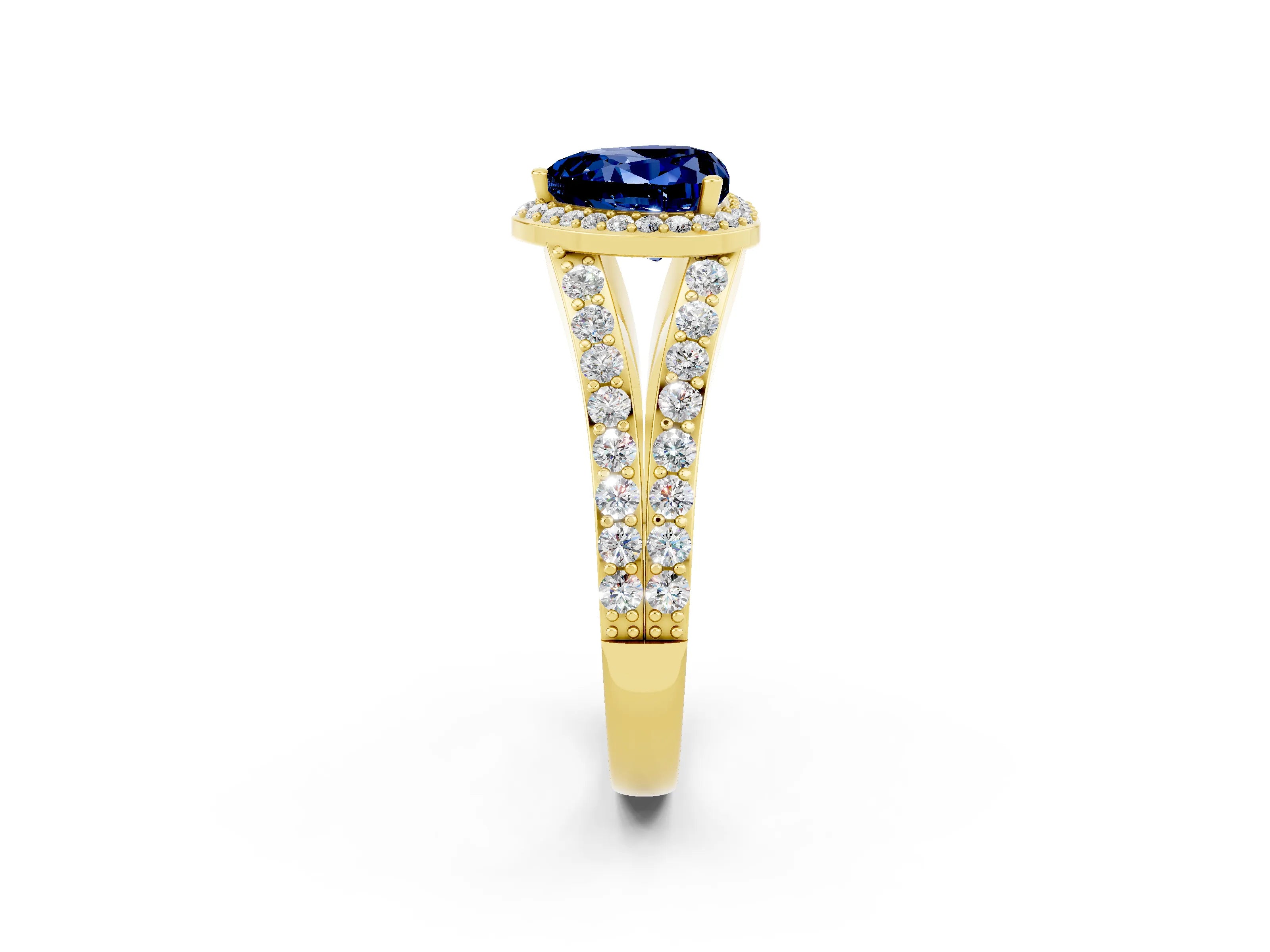 Yellow gold Heart Cut Blue Sapphire Split Shank Halo Ring with Four-Prong Setting_14