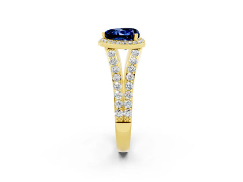 Yellow gold Heart Cut Blue Sapphire Split Shank Halo Ring with Four-Prong Setting_14