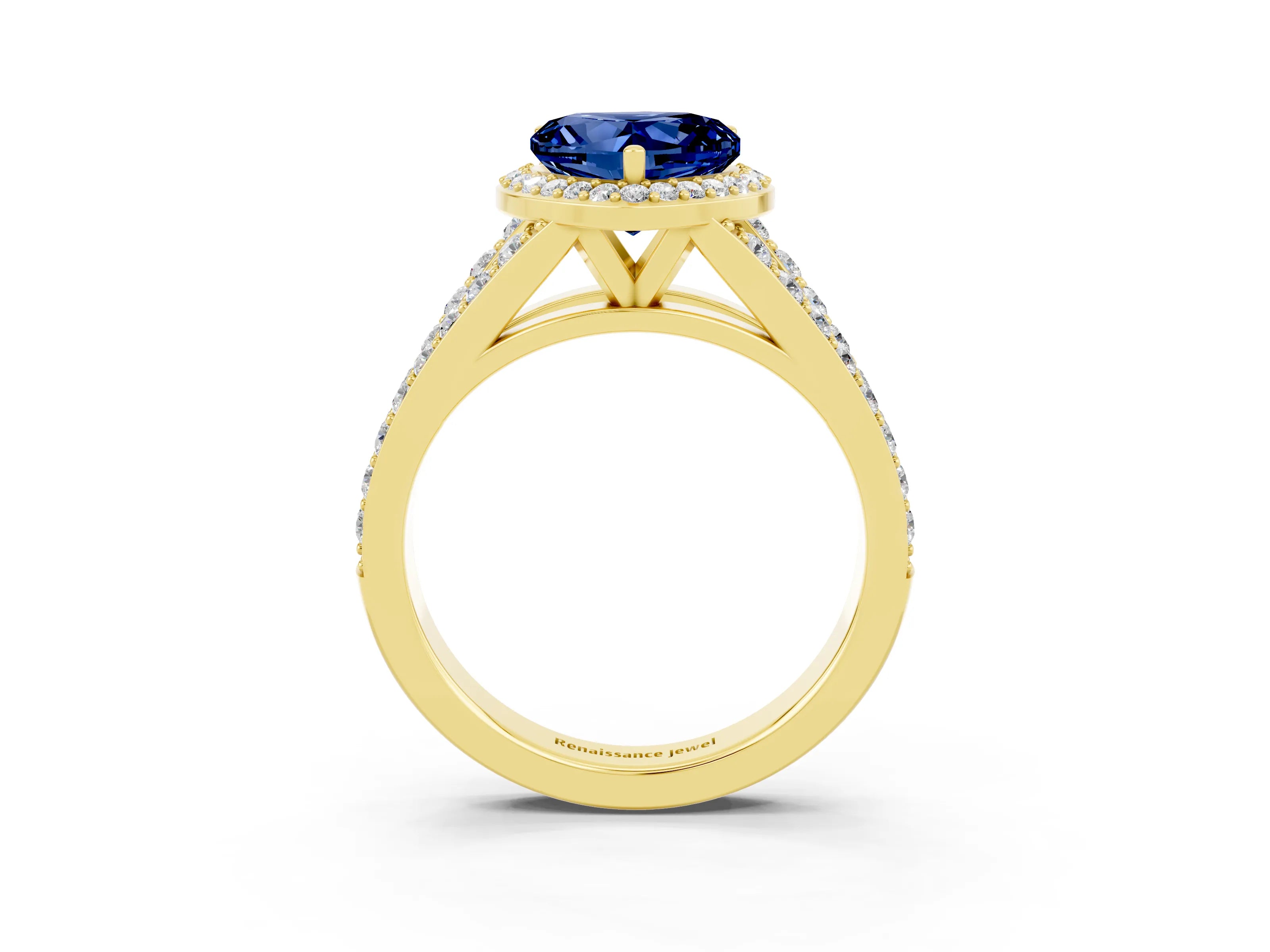 Yellow gold Heart Cut Blue Sapphire Split Shank Halo Ring with Four-Prong Setting_15