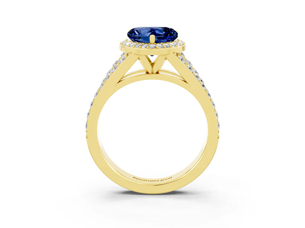 Yellow gold Heart Cut Blue Sapphire Split Shank Halo Ring with Four-Prong Setting