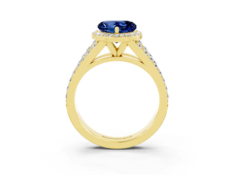 Yellow gold Heart Cut Blue Sapphire Split Shank Halo Ring with Four-Prong Setting_15