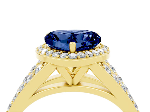 Yellow gold Heart Cut Blue Sapphire Split Shank Halo Ring with Four-Prong Setting_16