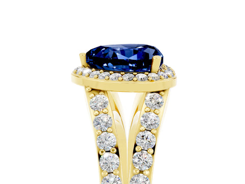 Yellow gold Heart Cut Blue Sapphire Split Shank Halo Ring with Four-Prong Setting_17