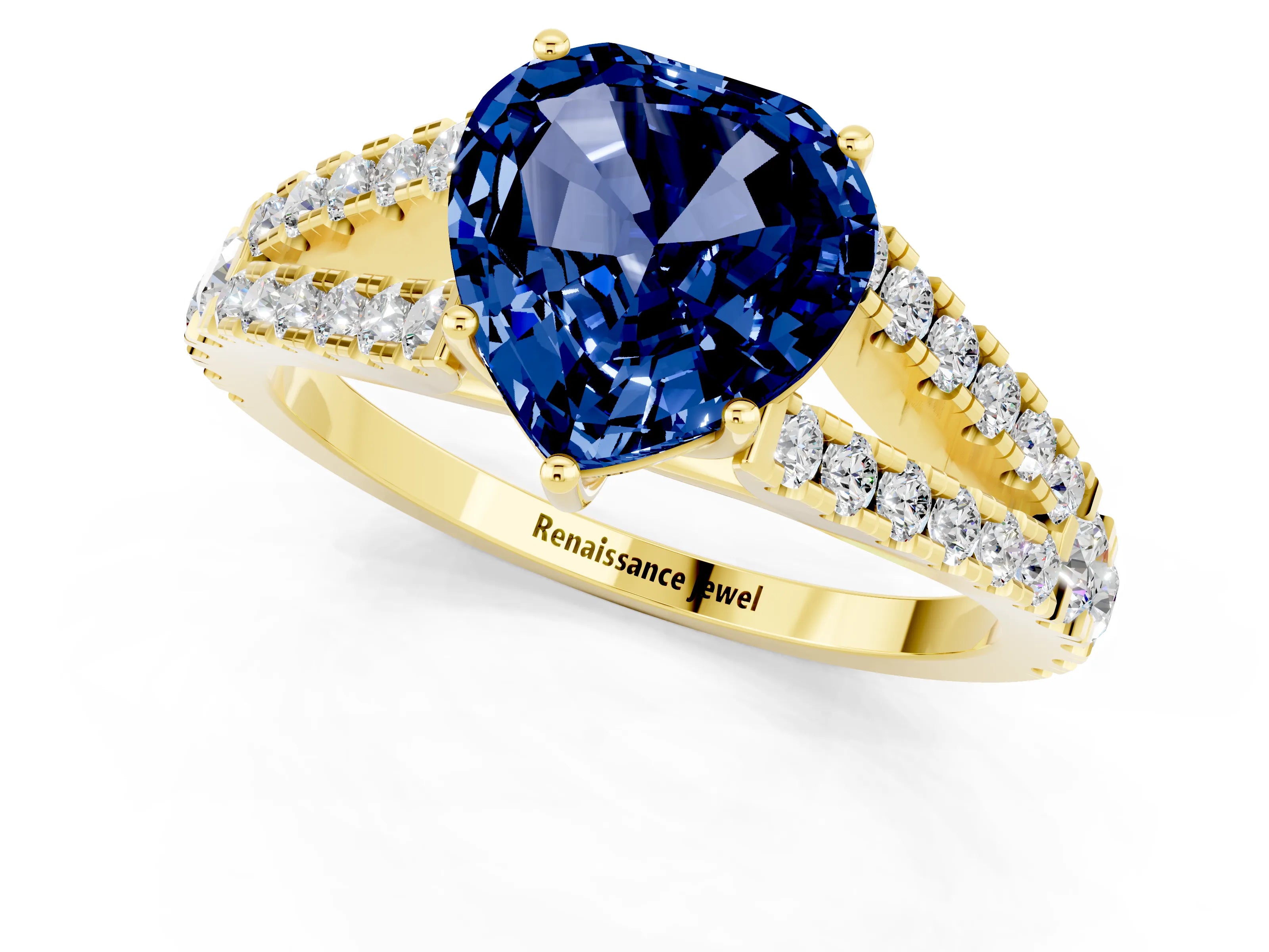 Yellow gold Heart Cut Blue Sapphire Split Shank Pavé Engagement Ring with Four-Prong Setting_13