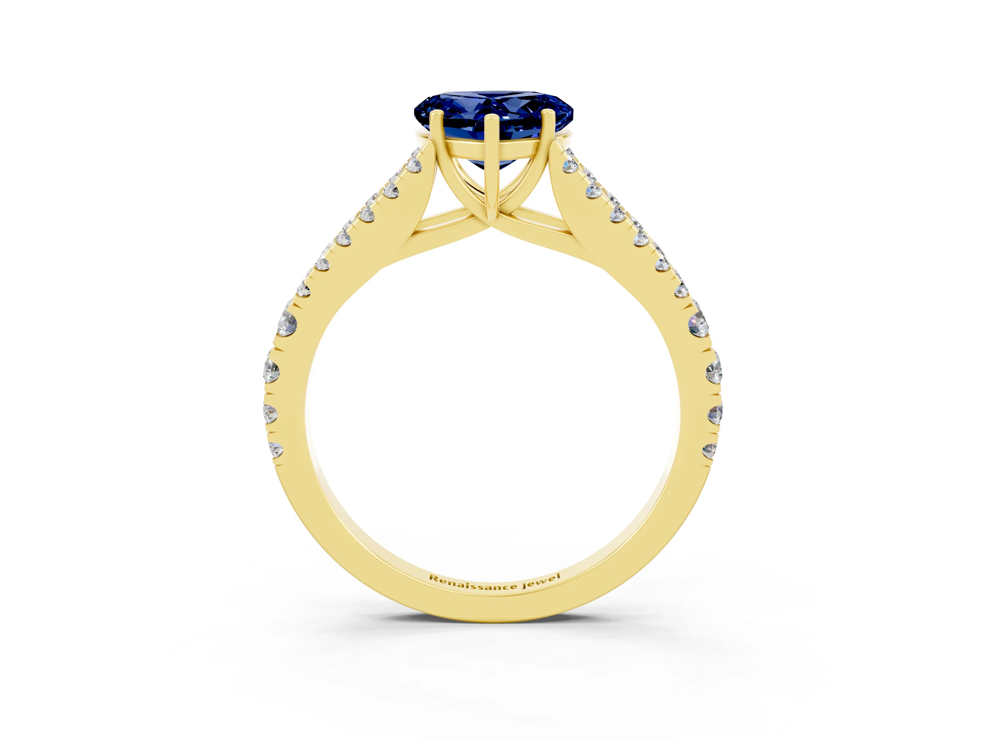 Yellow gold Heart Cut Blue Sapphire Split Shank Pavé Engagement Ring with Four-Prong Setting_15